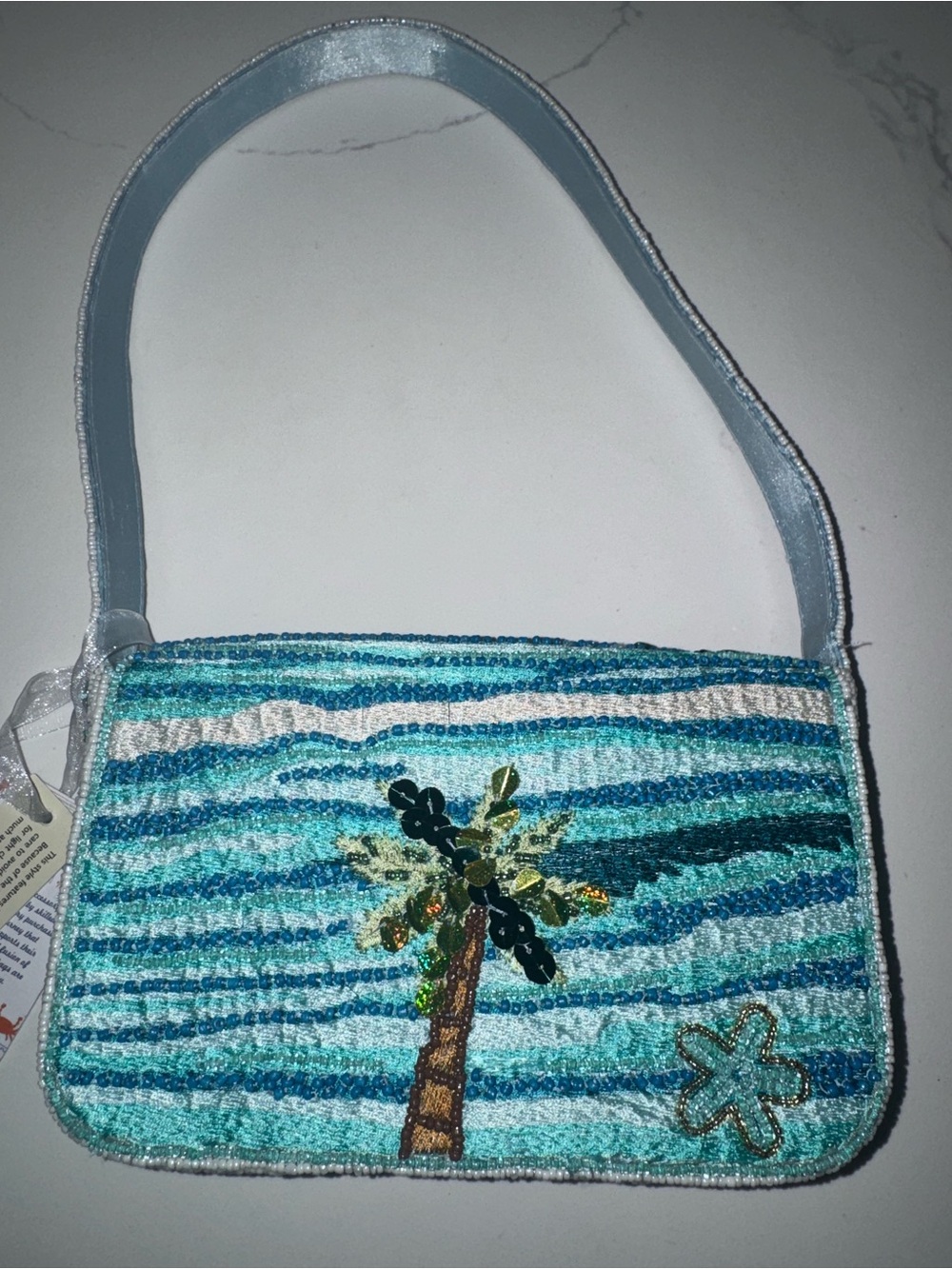 Surfboards and Palm-Trees Sequin Beach Motif Small Shoulder Bag - Aqua Blue NWT! - Picture 4 of 7